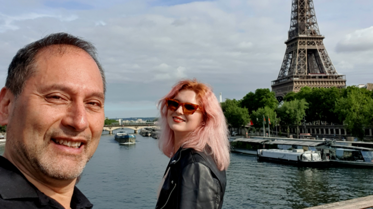 Trip to Paris with refugees. Mariana and me and the Eiffel Tower